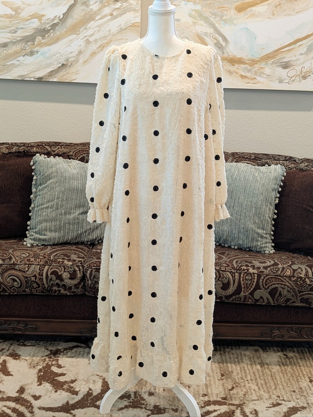 Cream Polka Dot Long Sleeve Maxi Dress